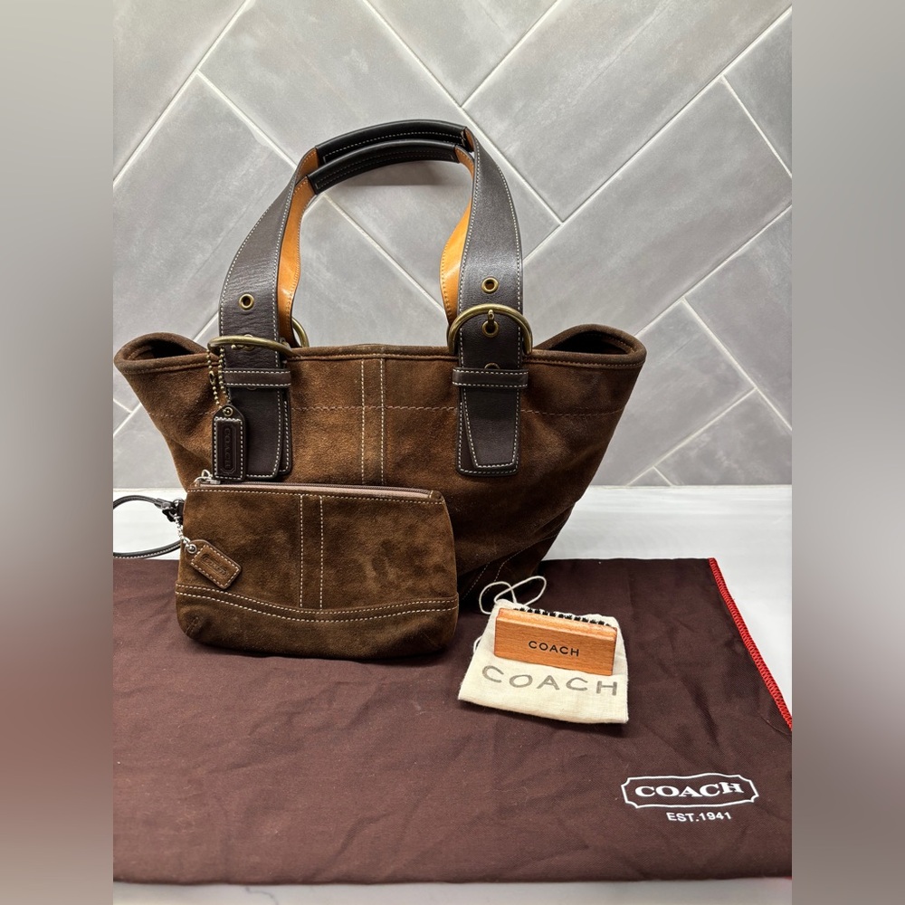 Vintage Coach 9522 Chocolate Suede Buckle Strap Tote Bundle